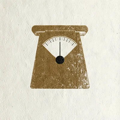 Riso two-color print of a kitchen scale icon in deep ochre halftone with a singl