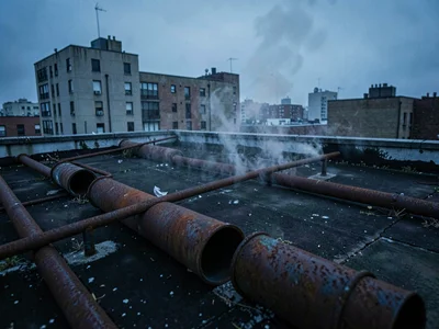 Rusted iron vent pipes scatter across a tar rooftop, exhaling implied steam into