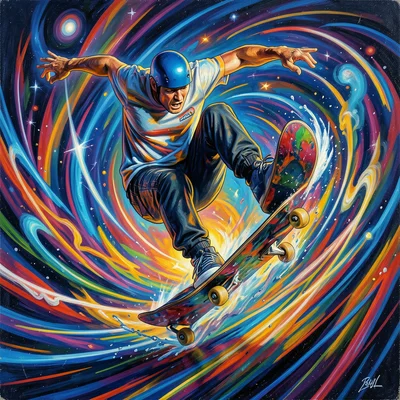 Skateboarder mid-kickflip rendered as dynamic Futurist painting, motion lines