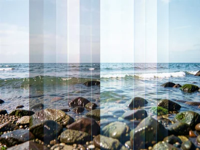 Low tide and high tide coastal scene, water level alternating between exposed ro