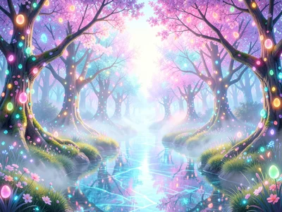 A surreal spring forest where the trees are blooming with tiny glowing eggs inst