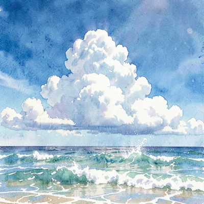 Wide midday skybox over the great-shore, towering cumulus drifting across a hard