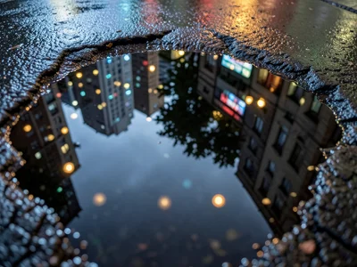 Night city lights reflected in large street puddle, colored bokeh orbs in water 
