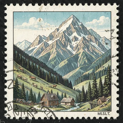 Postage stamp illustration, Mountain landscape majestic , tiny perfect compositi