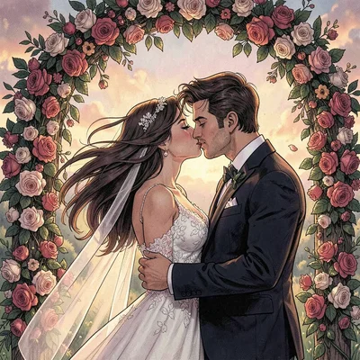 A wedding kiss under floral arch