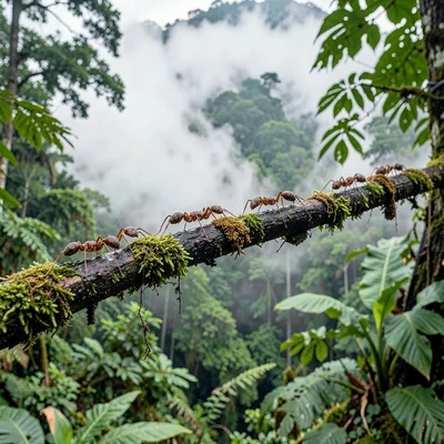 Cloud forest mist layers in Costa Rica, Leaf-cutter ants carrying their cargo ac