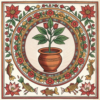 Sacred tulsi plant in clay pot, surrounded by concentric floral rings