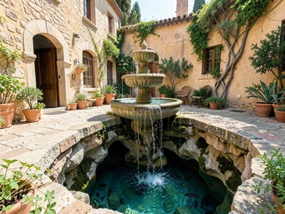 Mediterranean courtyard with fountain that flows down into visible underwater gr