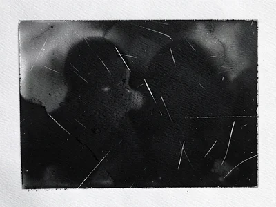Dark field monoprint, ink wiped from plate surface leaving image only in incised
