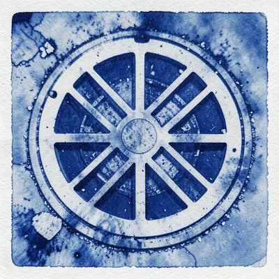 A manhole cover centered in frame showing its geometric drainage pattern