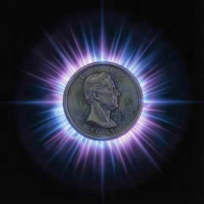 A coin profile centered in frame, concentric corona rings pulsing outward in vio