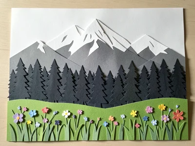 A mountain landscape: snow-capped peaks in white and grey behind, dark pine fore