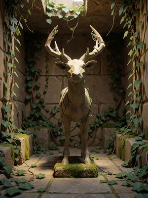 Solitary stone deer statue standing in an overgrown courtyard with green ivy cur