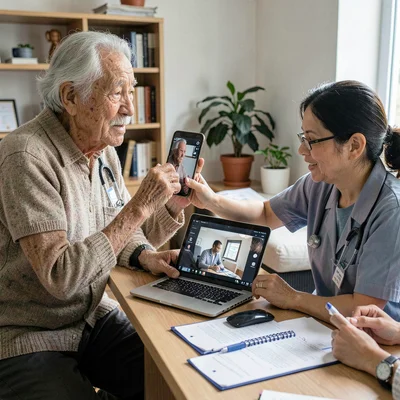 Documentary photography, unposed moment, Elderly patient video calling doctor wi