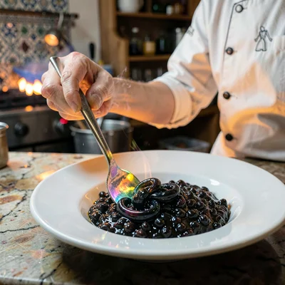 Through the lens of Venetian glass-making, molten luminosity, A chef plating ris