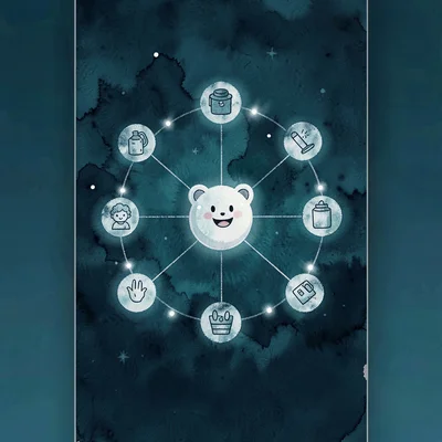 Modern illustrated onboarding screen of a stylized constellation of habit-icons