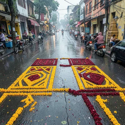 Looking down at Chennai's overlooked patterns, Two kolams meeting at property bo