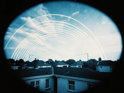 A suburban rooftop skyline with overlapping sun arcs tracing the seasonal shift