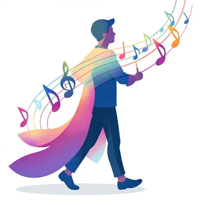 Morphing vector illustration, person becoming music notes , smooth vector gradie