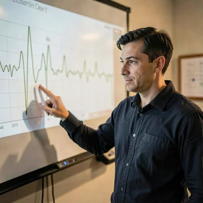 Portrait of an instructor pointing to a waveform on a projector screen