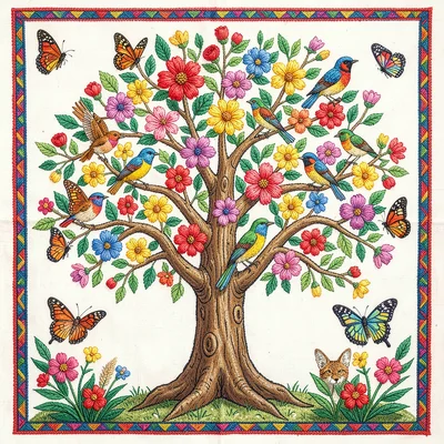 Otomi Tenango embroidery illustration, a tree filled with flowers birds and butt
