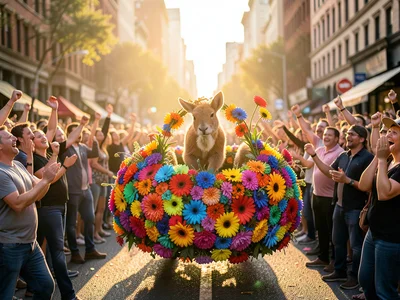 Float decorated in rainbow flowers moving down city street, cheering crowds