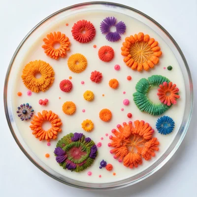 Rhodotorula yeast colonies, bright orange-pink dots scattered across pale agar s