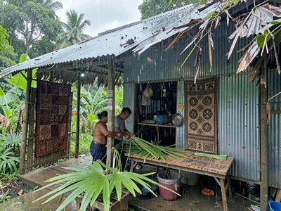 Open-air fale life in Samoa after rain, Pandanus leaves prepared for weaving, ra