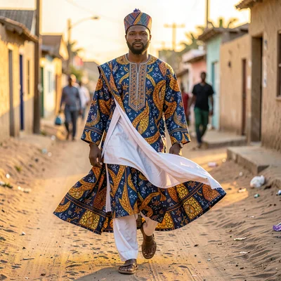 Saturated textile-rich photograph, Man in embroidered grand boubou walking throu