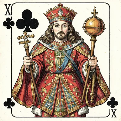 Playing card face illustration, King of Clubs, regal figure with orb and cross s