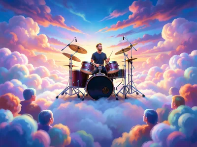 Drum kit set up on cloud, drummer playing, other clouds as audience
