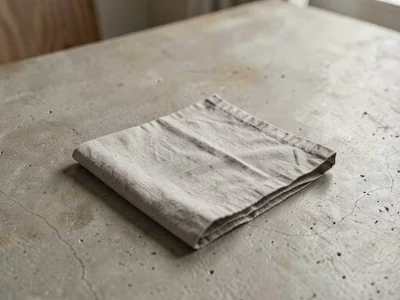 A folded square of dove-grey linen napkin arranged in a tidy half-fold on washed
