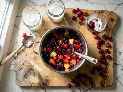 Jam-making: a pot of boiling fruit, sterilized jars, sugar bowl, a ladle, fruit 