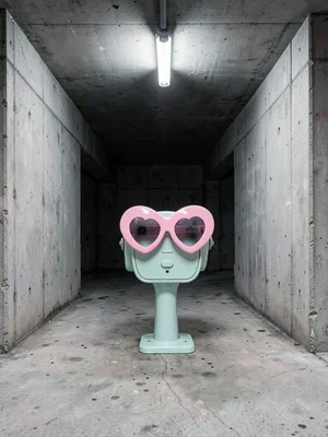 Pink heart-shaped sunglasses on parking meter, concrete sidewalk, urban cute con