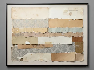 Torn wallpaper samples layered chronologically, decades of interior design expos