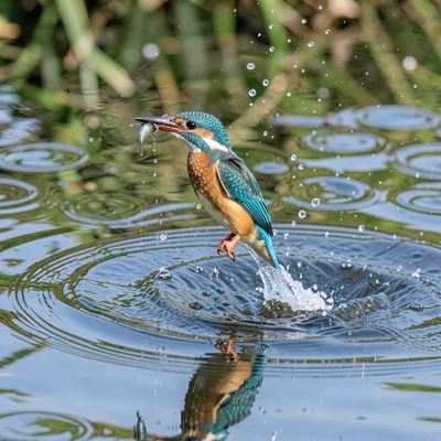 A kingfisher emerging from water with a fish, frozen mid-exit, water streaming o