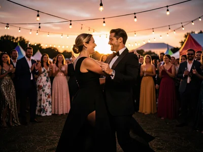 Couple dancing at outdoor pride festival, string lights, sunset