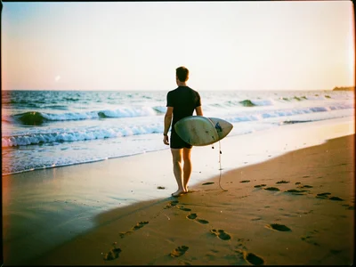 A surfer walking toward the ocean at dawn, board under arm, footprints in wet sa