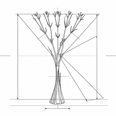 Detail blueprint of a single arrangement deconstructed into stem-angle vectors, 