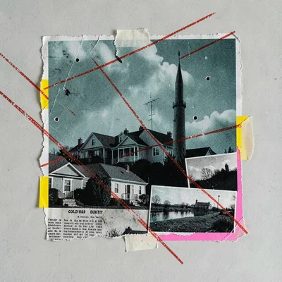 Halftone collage unit-header for the Cold War, overlapping silhouettes of suburb