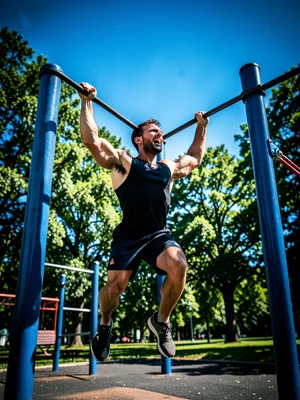 Person doing pull-ups at an outdoor calisthenics park, trees and blue sky behind