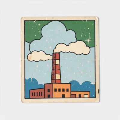 Czech matchbox label illustration, a factory smokestack with graphic clouds , vi