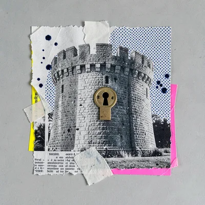 Layered halftone collage of a paper fortress with a brass keyhole, navy ink dots