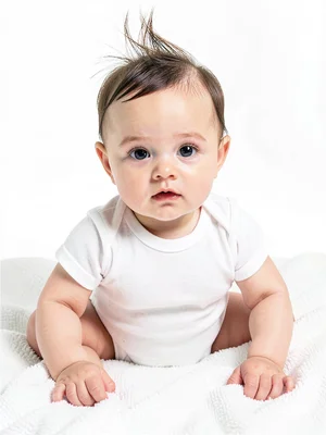 Baby in white onesie on white blanket, skin luminous, eyes dark and curious, wis