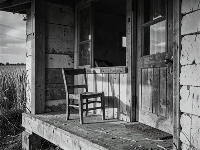 Abandoned farmstead: single chair left on porch, dry wheat visible to the horizo