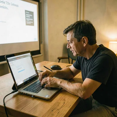 Documentary photograph, Product demo preparation, laptop connected to projector,