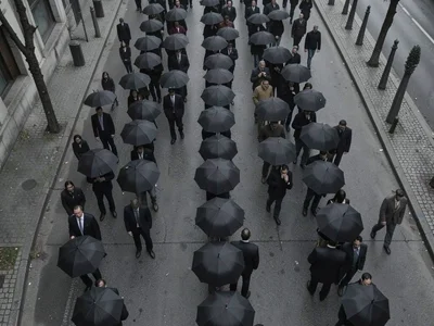 A funeral procession from above, black umbrellas moving through a grey day, the 