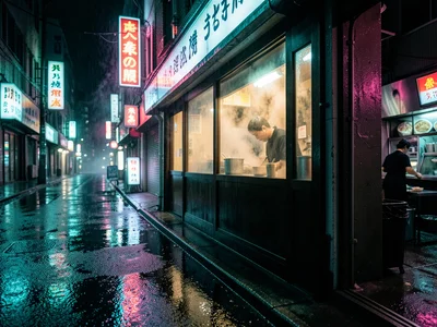 A ramen shop at 2am seen through its steamy window, the cook visible inside, wet