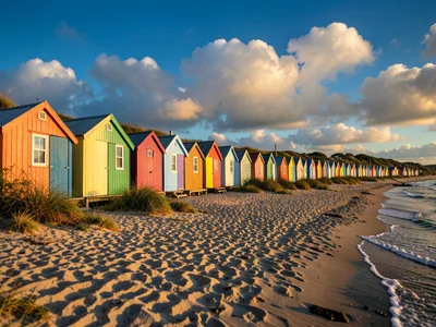 Row of colorful beach huts along shoreline, blue sky, puffy clouds
