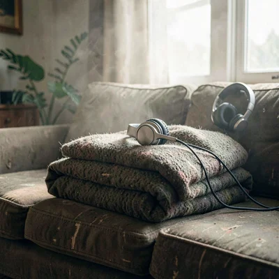 Atmospheric subscription hero of folded blanket on a worn sofa with headphones d